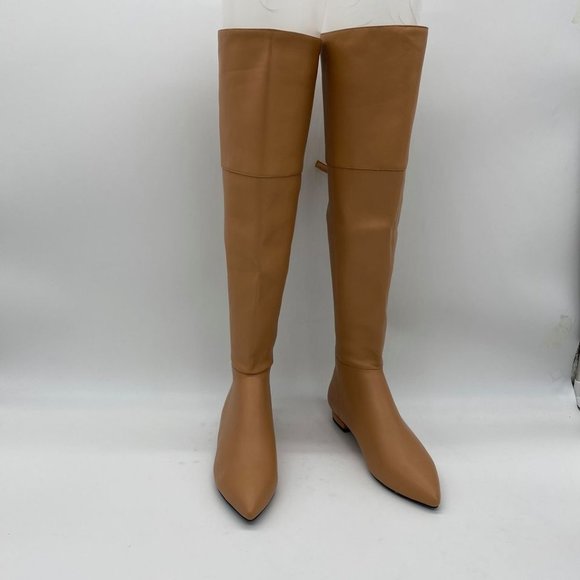 🎁🎁🎁Nude Retro Knee High Boots Closed Round Toe Low Fl - Picture 1 of 16